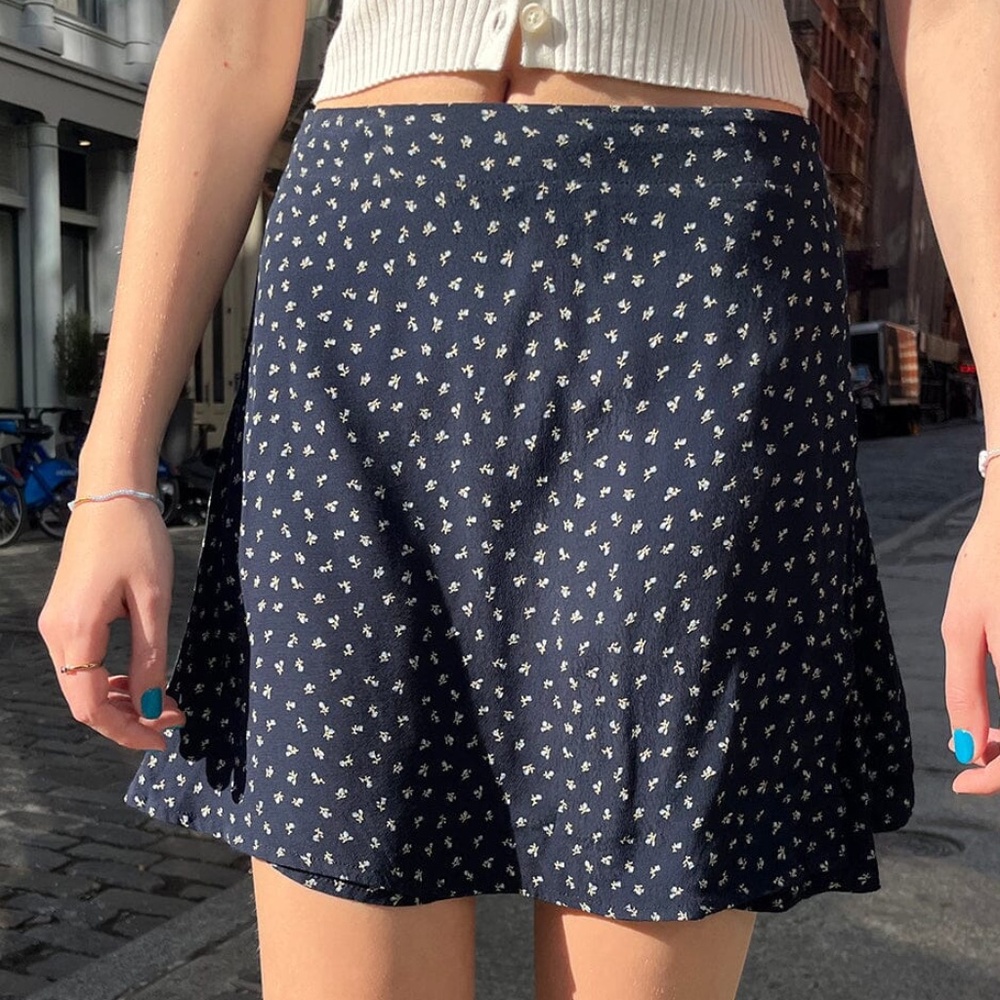 Brandy Melville Navy Wrap Skirt with White Flowers